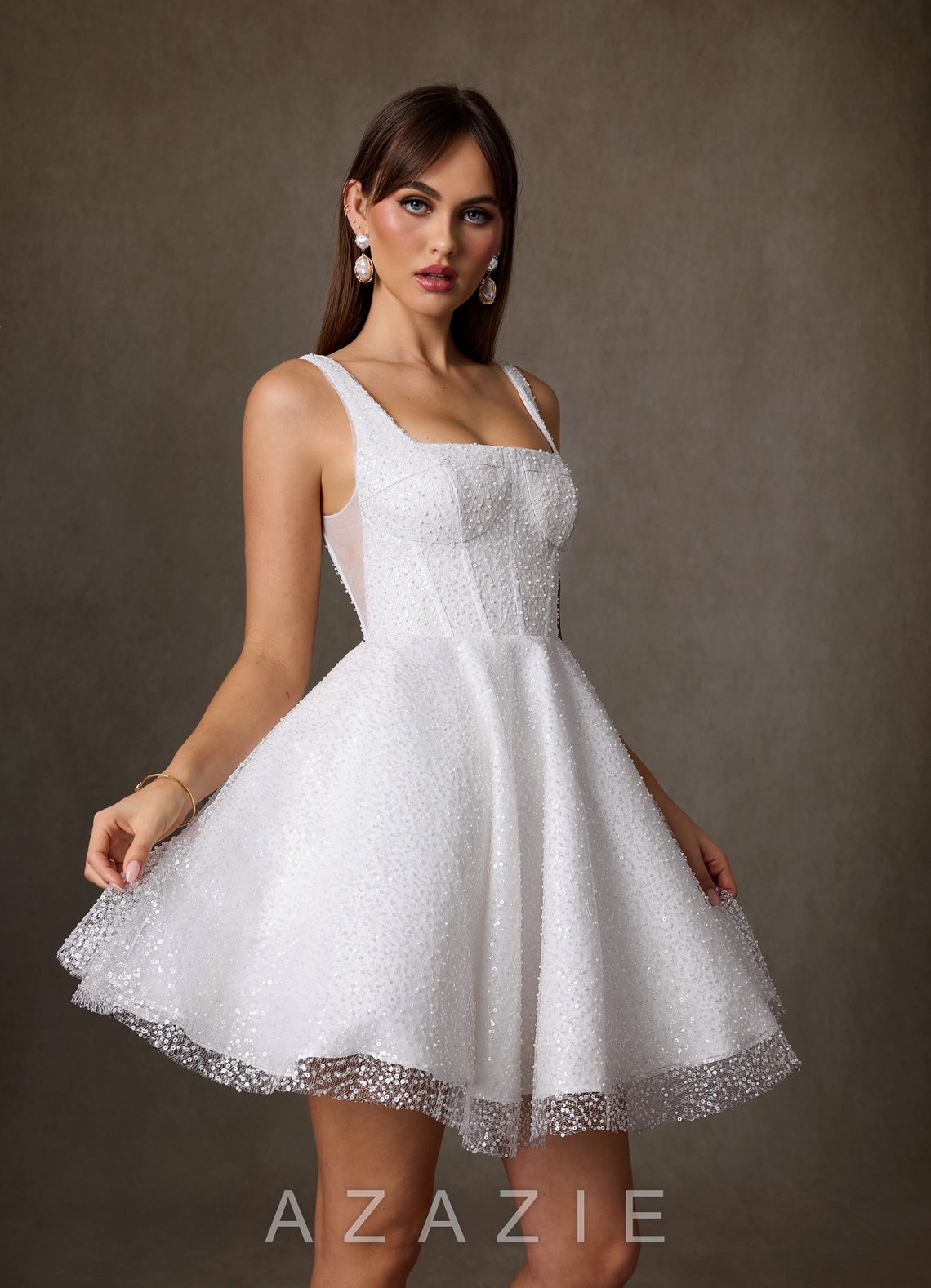 Azazie Avita Diamond White A-Line with Pockets Beading Dress