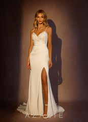 Azazie Nyx Wedding Dress Diamond White Mermaid V-Neck Sequins Stretch Satin Dress