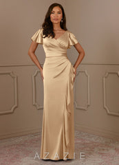 Azazie Roya Champagne Mermaid V-Neck Pleated Stretch Satin Dress champagne