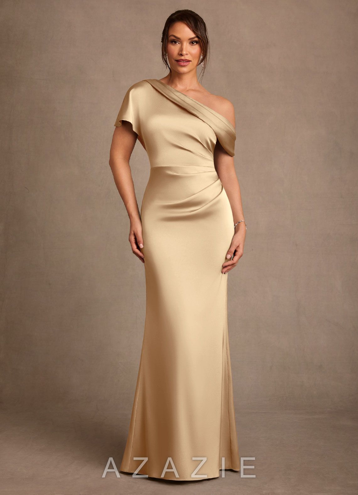 Azazie Rutha Champagne Sheath One Shoulder Stretch Satin Dress