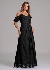 Azazie Dakota Black A-Line Off the Shoulder Floral Burnout Dress