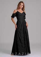 Azazie Dakota Black A-Line Off the Shoulder Floral Burnout Dress