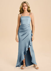 Azazie Buzzy Junior Dusty Blue Sheath Pleated Stretch Satin Dress dusty_blue