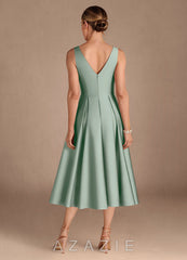 Azazie Fulton Agave A-Line Pleated Stretch Satin Dress agave