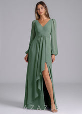 Azazie Liah Eucalyptus A-Line Long Sleeve Chiffon Dress