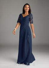 Azazie Amedeus Dark Navy A-Line V-Neck Lace Chiffon Dress