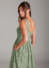 Azazie Alissa Agave A-Line with Pockets Floral Burnout Dress agave