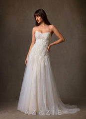 Azazie Lumina Diamond White Champagne A-Line Sweetheart Neckline Lace Dress diamond_white/champagne