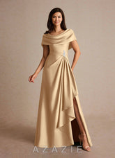 Azazie Branford Champagne A-Line Pleated Stretch Satin Dress