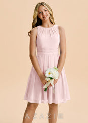 Azazie Bibiane Junior Blushing Pink A-Line Pleated Chiffon Dress