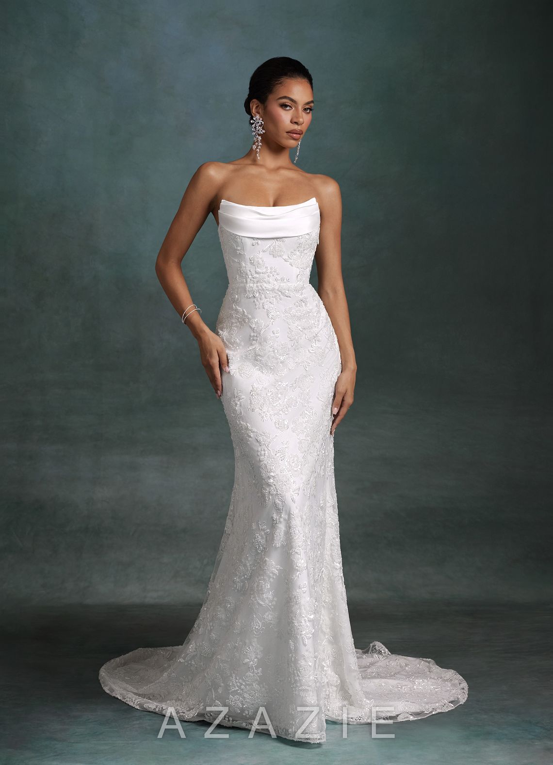 Azazie Frankie Diamond White Fit and Flare Strapless Embroidered Sequin Dress