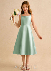 Azazie Jaella Girls Formal Agave A-Line Pleated Matte Satin Dress agave