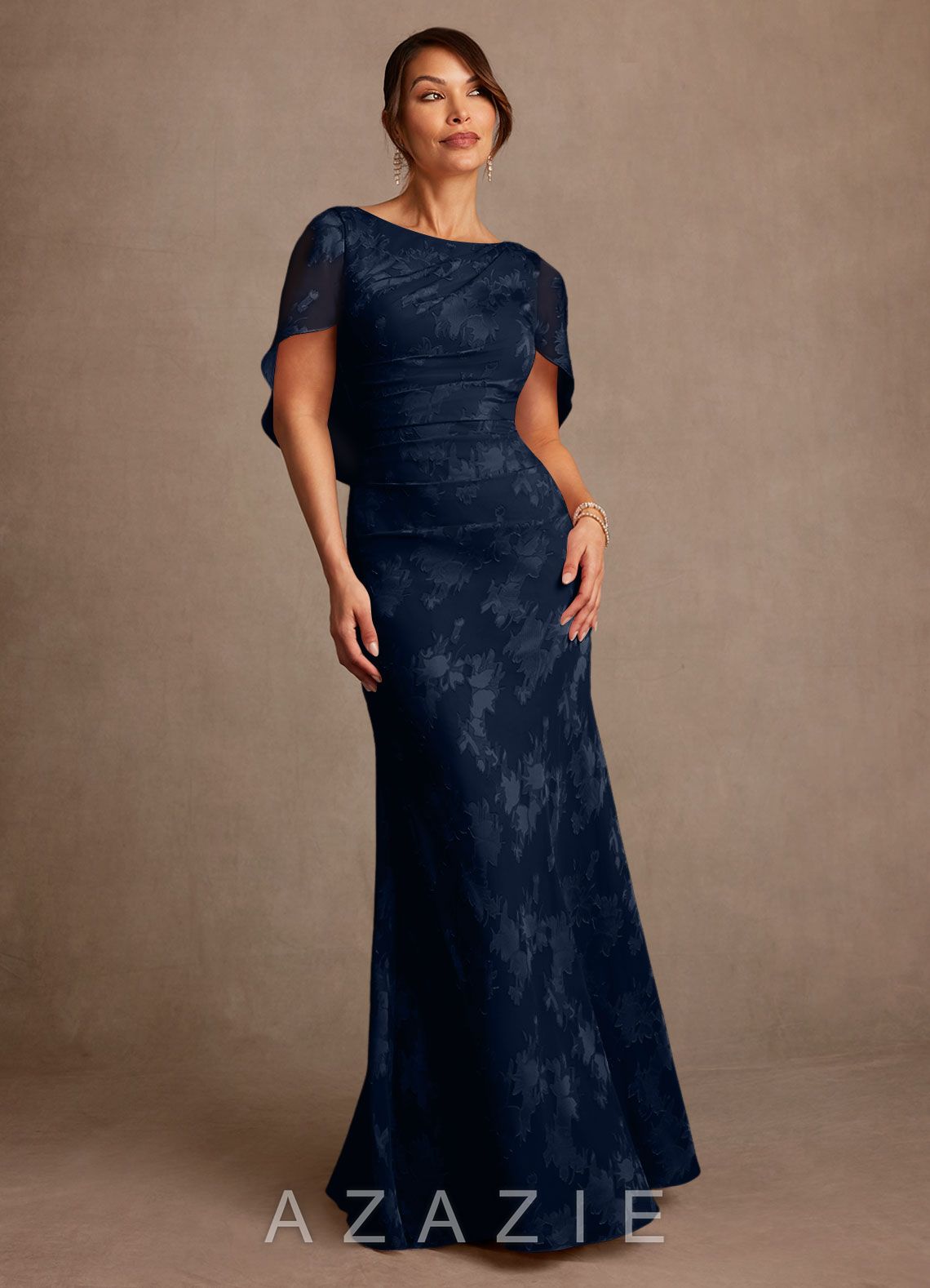 Azazie Belladonna Dark Navy Mermaid Pleated Floral Burnout Dress