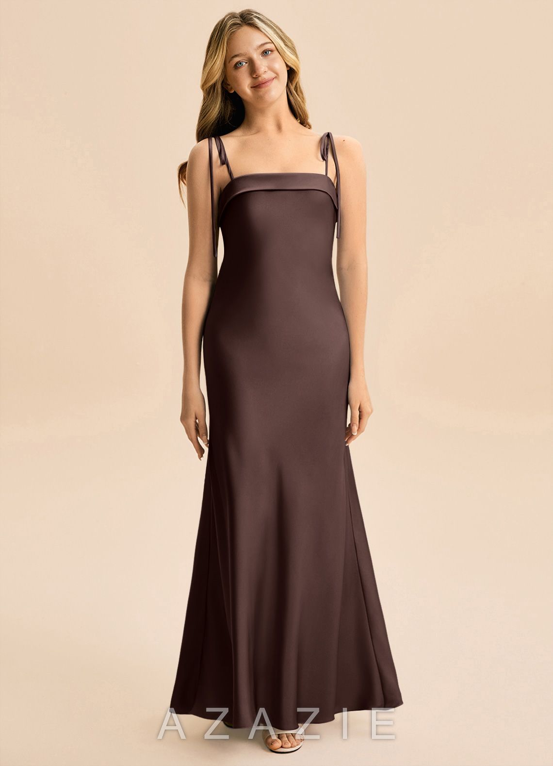 Azazie Willa Junior Ganache Mermaid Bow Stretch Satin Dress