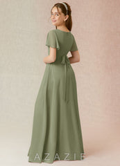 Azazie Induh Junior Pistachio A-Line Ruched Chiffon Dress pistachio