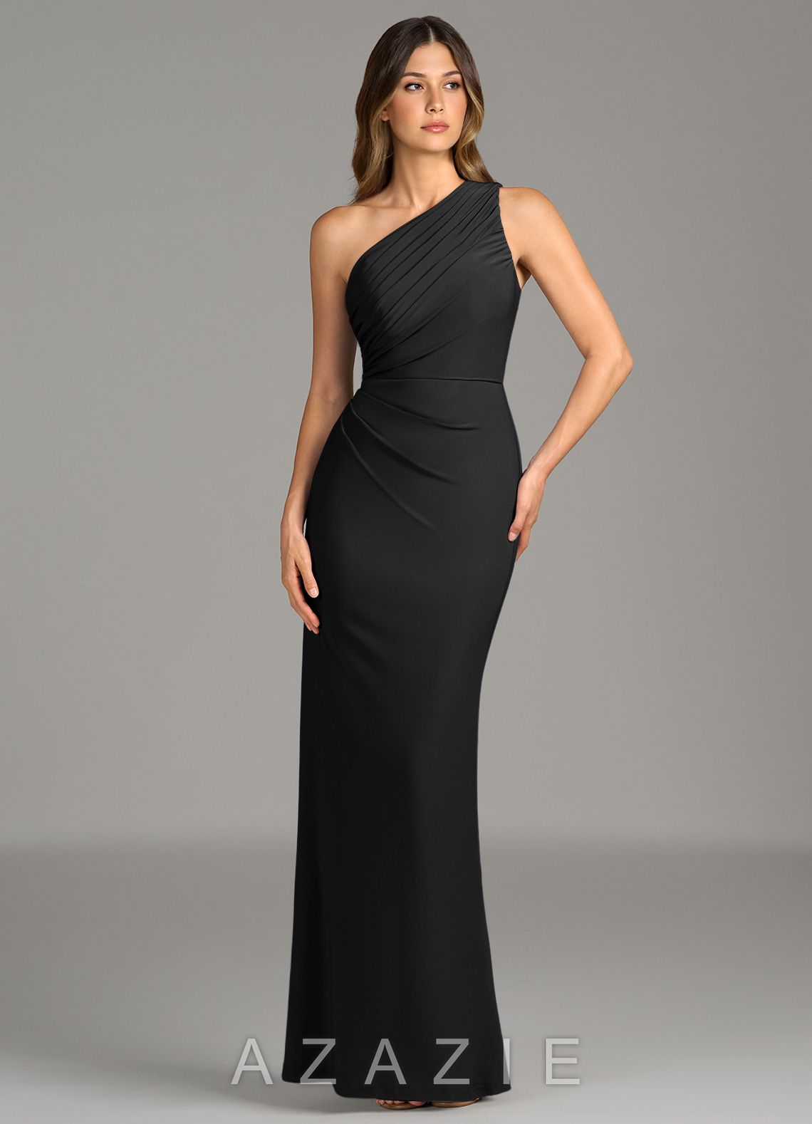 Azazie Akilah Black Mermaid One Shoulder Premium Stretch Jersey Dress