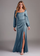 Azazie Charissa Dusty Blue Sheath Long Sleeve Stretch Satin Dress