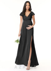 Azazie Allessia Stretch Satin Dress A-Line Pleated Stretch Satin Floor-Length Dress