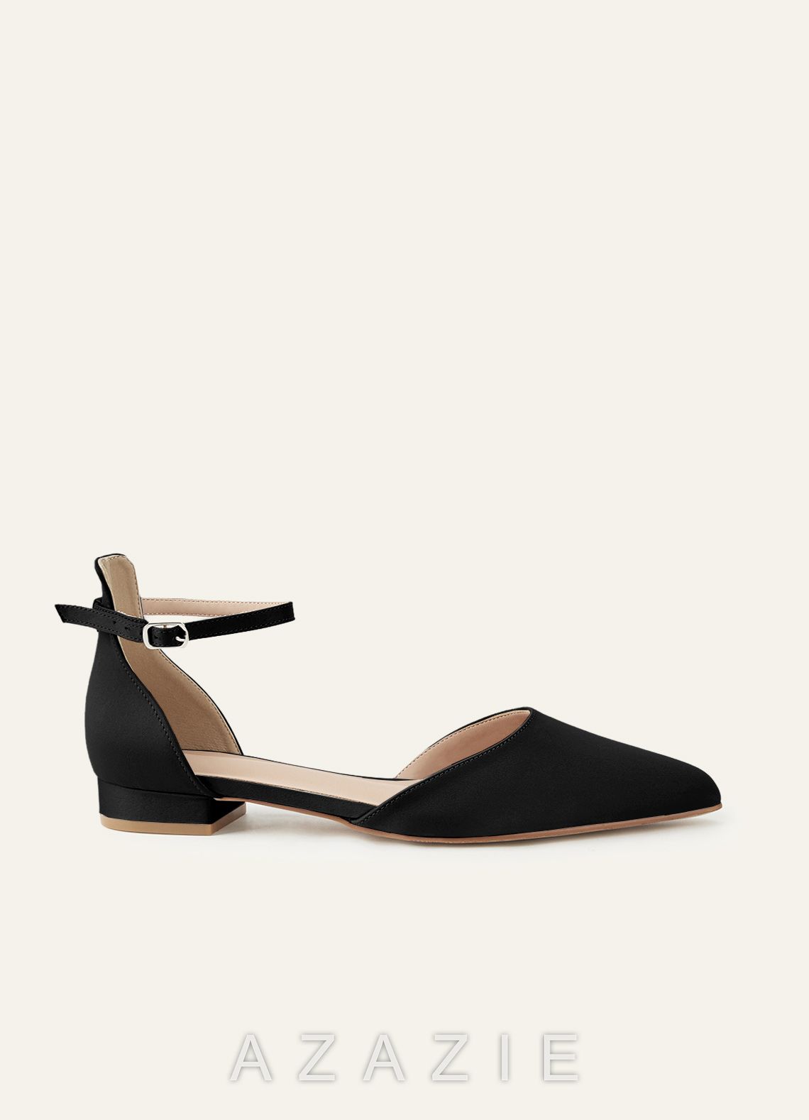 Matching Color Matte Satin Pointed Toe Ankle Strap Flat Pumps Low Heel Wedding Shoes
