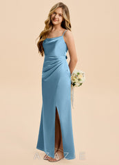 Azazie Christen Junior Steel Blue Sheath Pleated Stretch Satin Dress steel_blue
