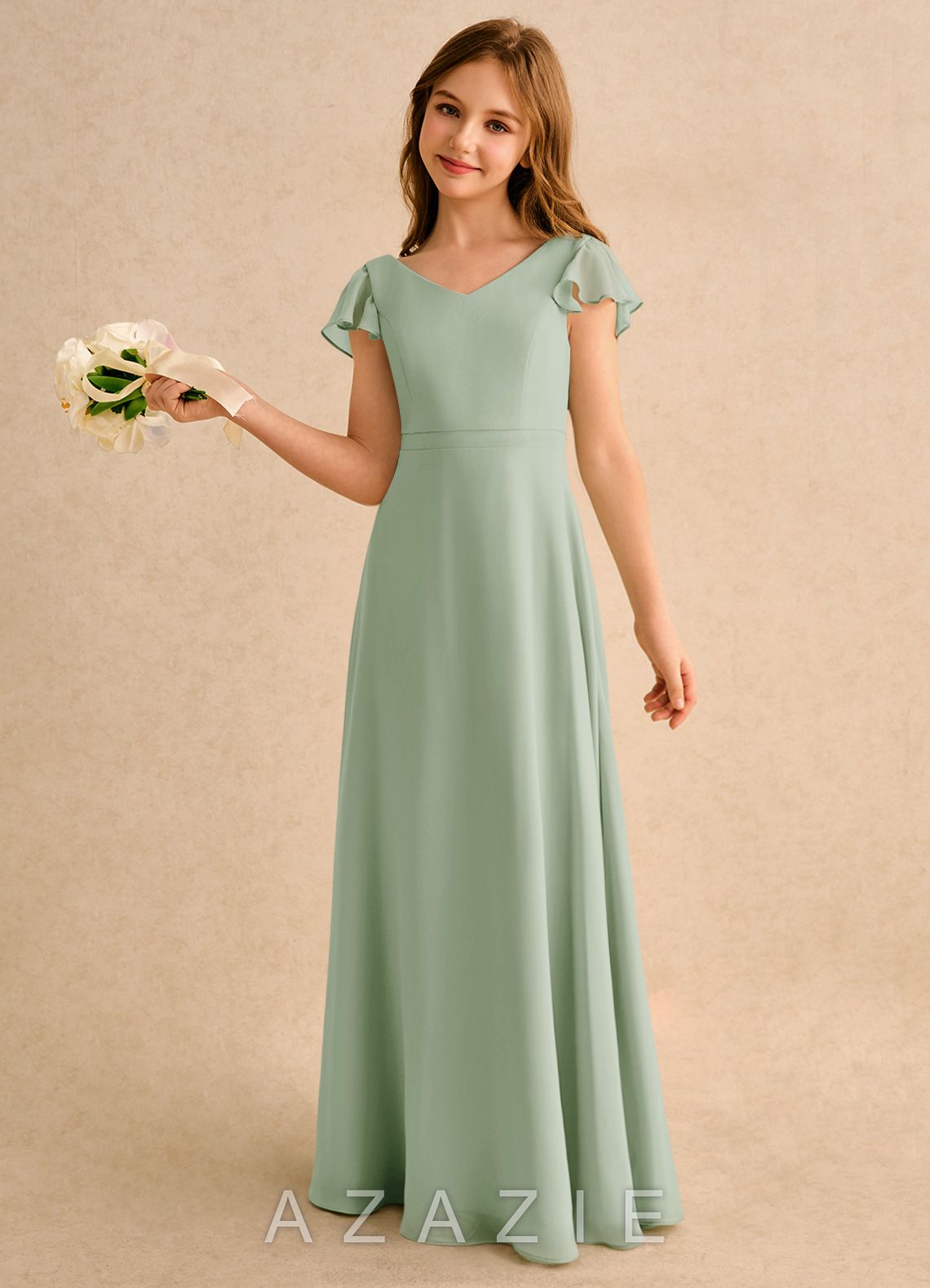 Azazie Nari Girls Formal Dusty Sage A-Line with Sleeves Chiffon Dress