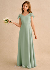 Azazie Nari Girls Formal Dusty Sage A-Line with Sleeves Chiffon Dress