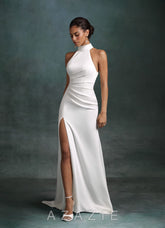 Azazie Jane Diamond White Mermaid High Neck Crepe Back Satin Dress