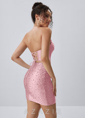 Nolagen Powder Pink Beading Rhinestone Stretch Satin Corset Two-piece Mini Dress