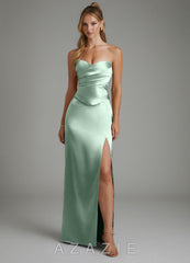 Azazie Logan Agave Sheath Strapless Metallic Satin Dress