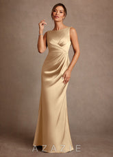 Azazie Baltimore Champagne A-Line Pleated Stretch Satin Dress