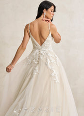 Azazie Rhodes Wedding Dress Diamond White Champagne A-Line V-Neck Sequins Tulle Dress diamond_white/champagne