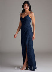 Azazie Maci Dark Navy Sheath Pleated Floral Burnout Dress dark_navy
