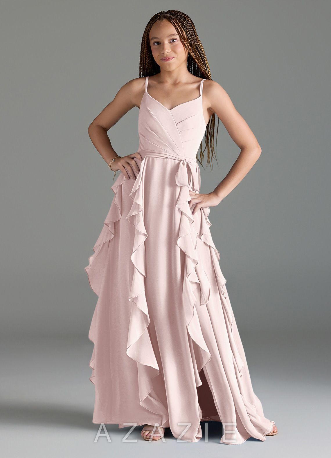 Azazie Peyton Junior Blushing Pink A-Line V-Neck Cascading Ruffles Chiffon Dress