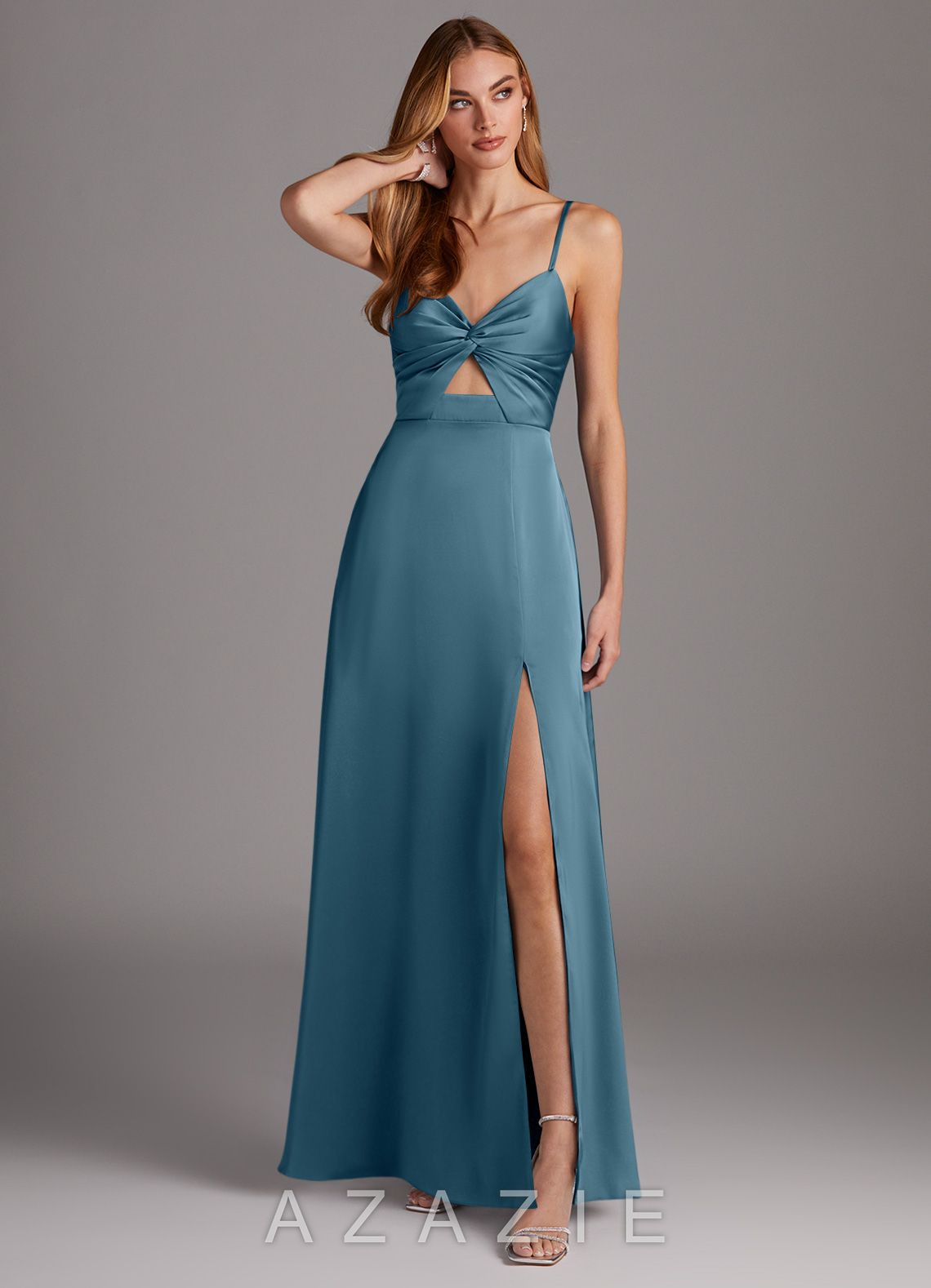 Azazie Jenna Bermuda A-Line Pleated Stretch Satin Dress