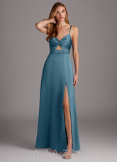 Azazie Jenna Bermuda A-Line Pleated Stretch Satin Dress