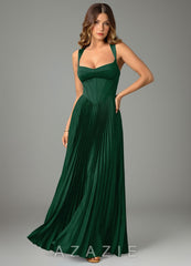 Azazie Avenelle Dark Green A-Line Corset Stretch Satin Dress