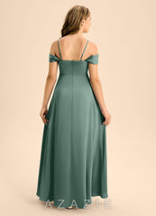 Azazie Anselie Junior Eucalyptus A-Line Off the Shoulder Stretch Satin Dress eucalyptus