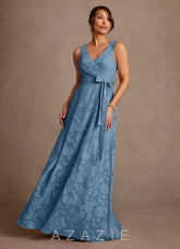 Azazie Luanne Steel Blue A-Line Pleated Floral Burnout Dress