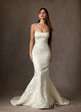 Azazie Serephina Antique White Mermaid Strapless Floral Jacquard Dress