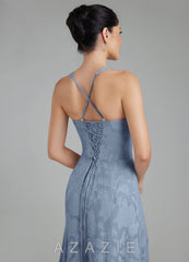 Azazie Bea Dusty Blue A-Line Corset Floral Burnout Dress dusty_blue
