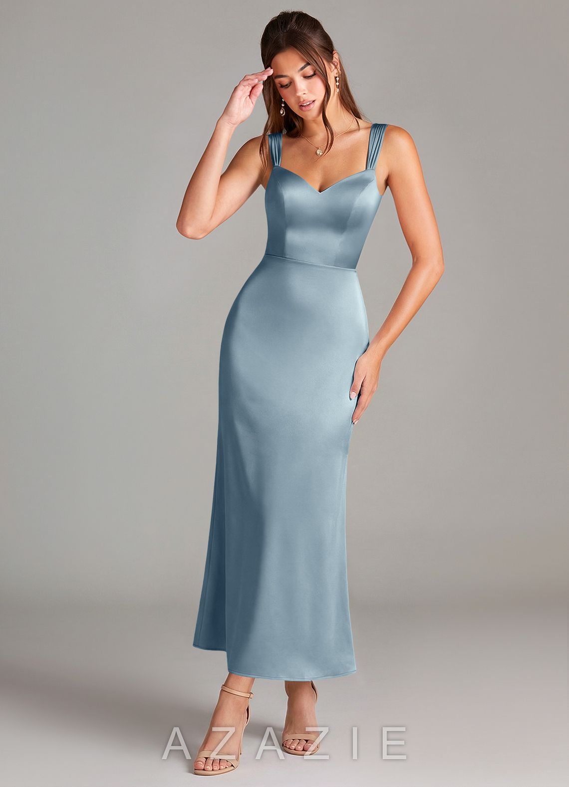 Azazie Denice Dusty Blue Sheath Pleated Stretch Satin Dress