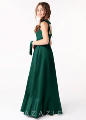 Azazie Barbara Junior Emerald A-Line Bow Stretch Satin Dress emerald