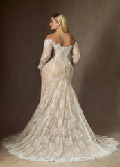 Azazie Katherine Wedding Dress Diamond White Champagne Mermaid Off the Shoulder Tulle Dress diamond_white/champagne