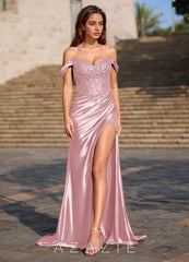 Deliacor Blushing Pink Mermaid Off-the-Shoulder Floral Corset Prom Dress