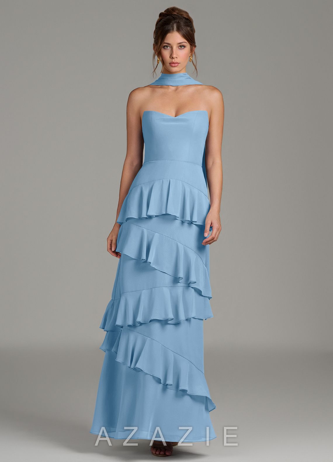 Azazie Imani Steel Blue A-Line Ruched Chiffon Dress