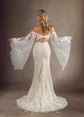 Azazie Memphis Wedding Dress Diamond White Nude Mermaid V-Neck Sequins Lace Dress diamond_white/nude