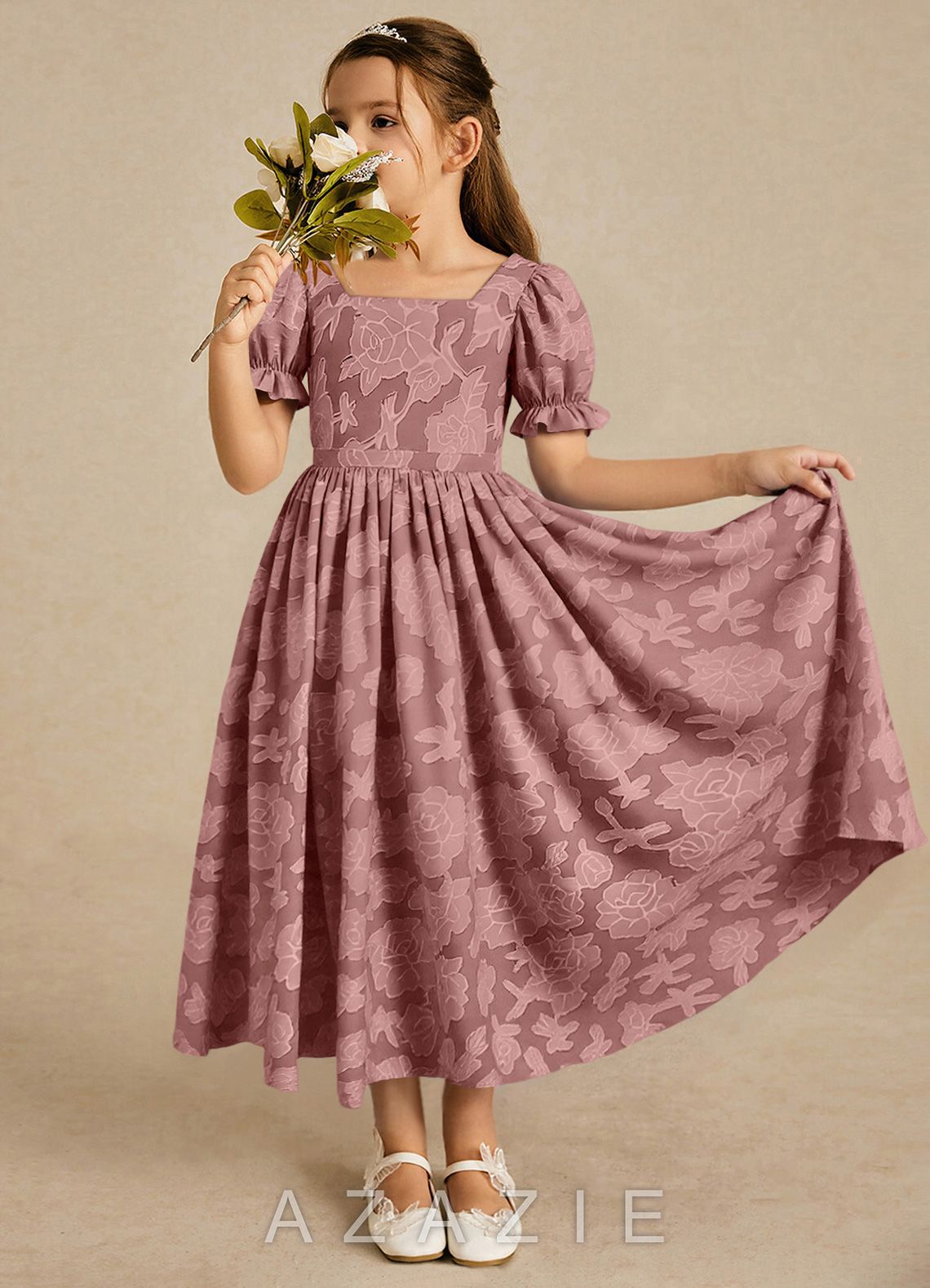 Azazie Joss Dusty Rose A-Line with Sleeves Floral Burnout Dress