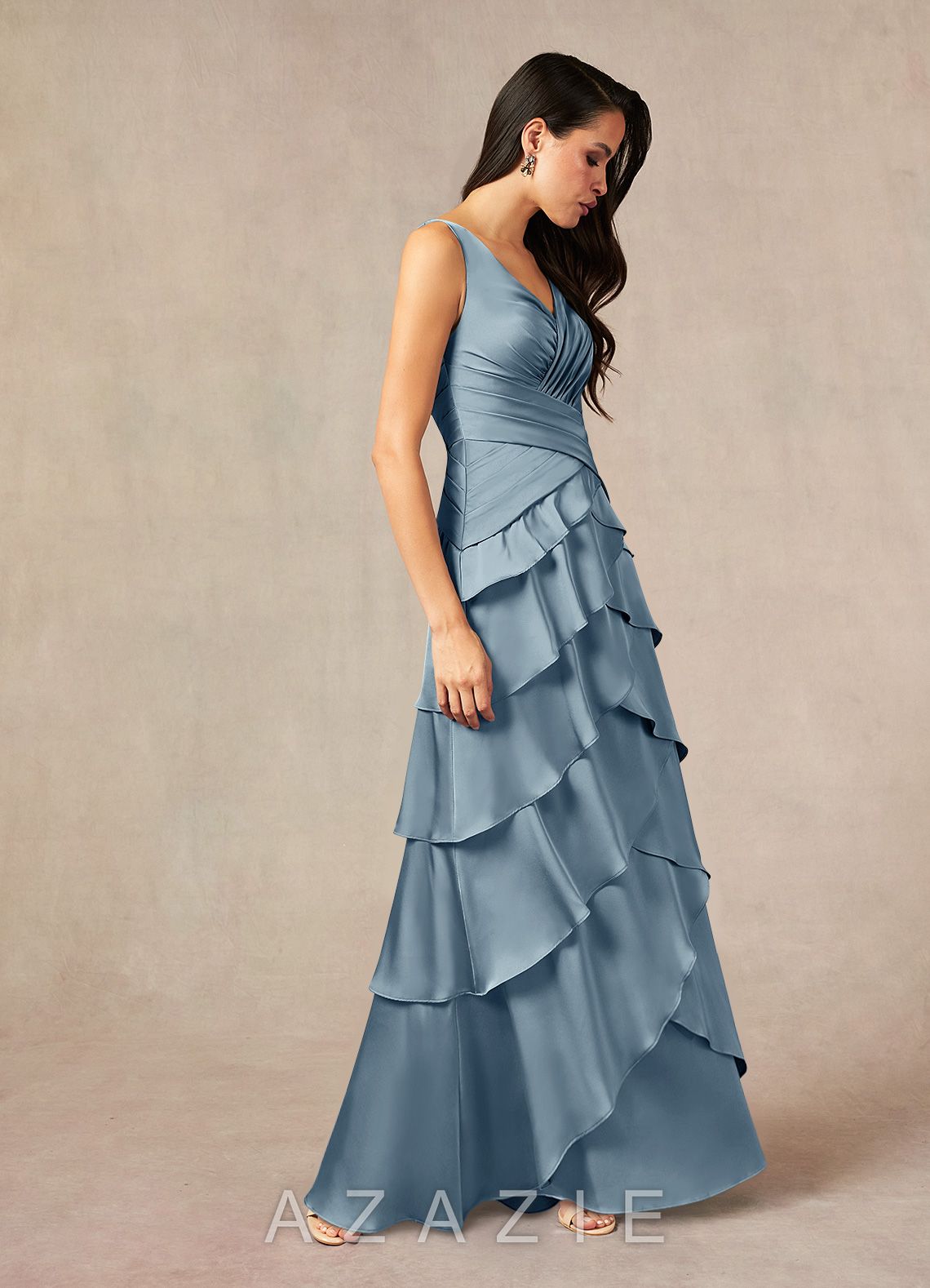 Azazie Viola Dusty Blue A-Line Pleated Stretch Satin Dress