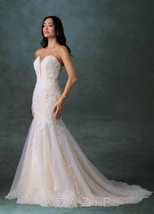 Azazie Chelley Diamond White Champagne Mermaid Strapless Tulle Dress diamond_white/champagne