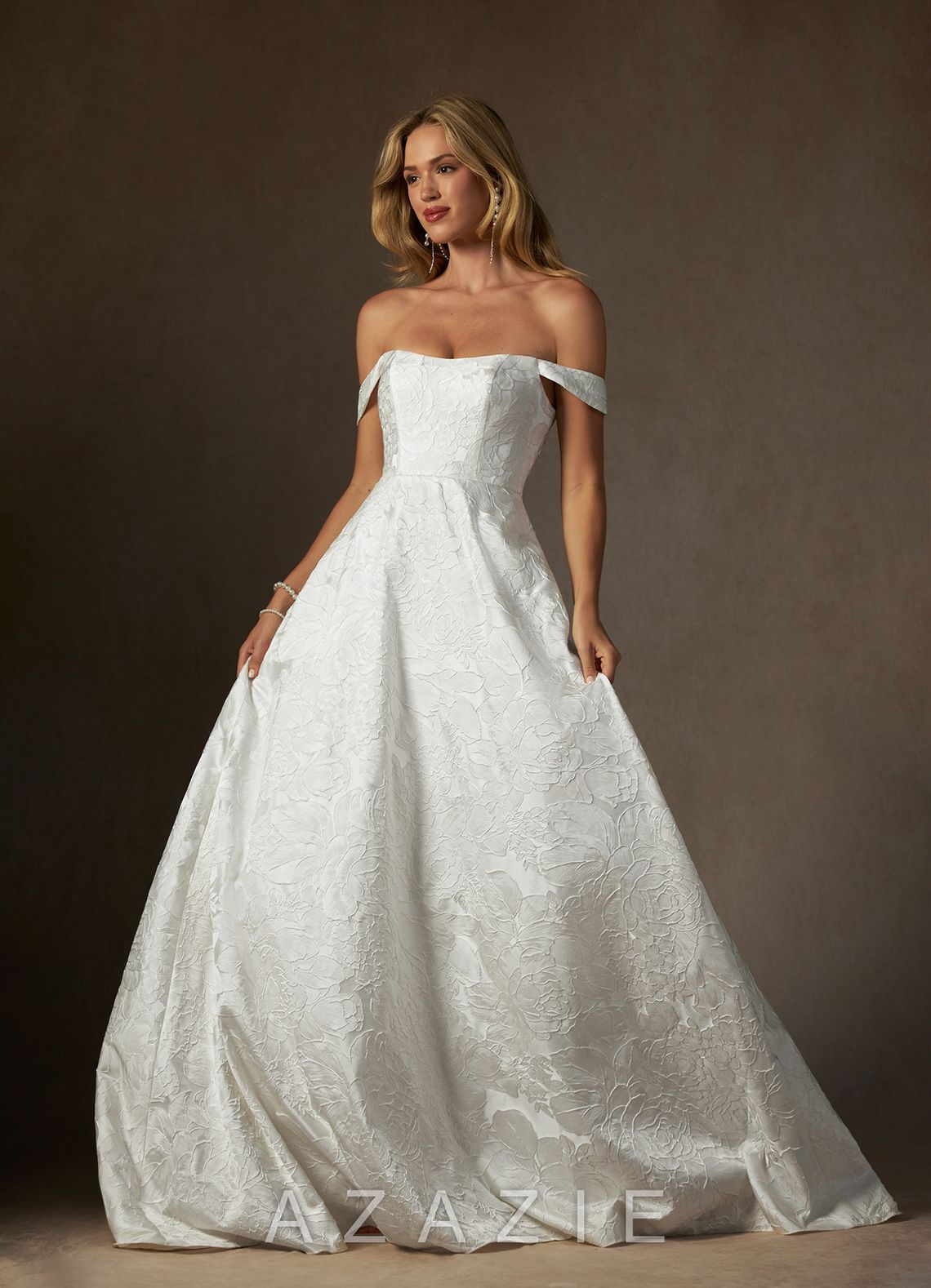 Azazie Amaya Antique White Ball-Gown Strapless Floral Jacquard Dress